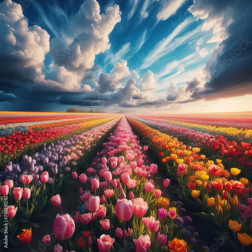 A field of tulips in different colors
