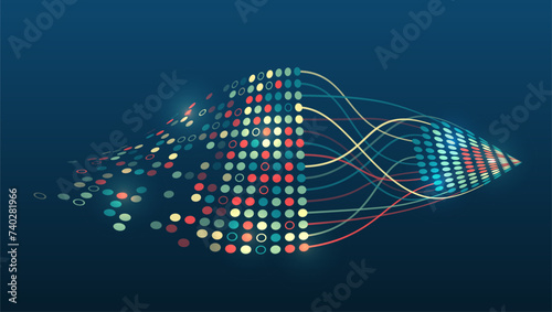 Large data stream on a dark background, glowing lines and circles. Data set analysis and visualization. Abstract business analytics. An array of information in the form of waves.