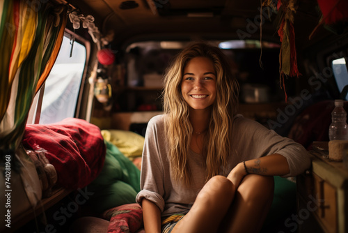 Cheerful caucasian young woman enjoying her hippie nomad van life while taking a road trip photo