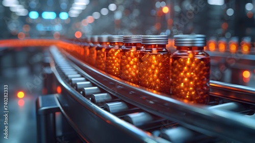 High-speed packaging process in a pharmaceutical plant, sterile and precise, blue toned lighting, medium shot, with motion blur to emphasize speed