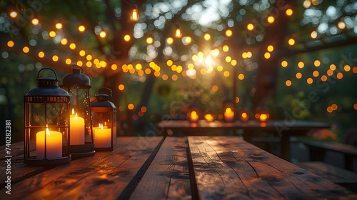 Outdoor evening celebration, string lights and lanterns with candles illuminating a rustic wooden table, laid-back and intimate setting, with nature in the soft focus background