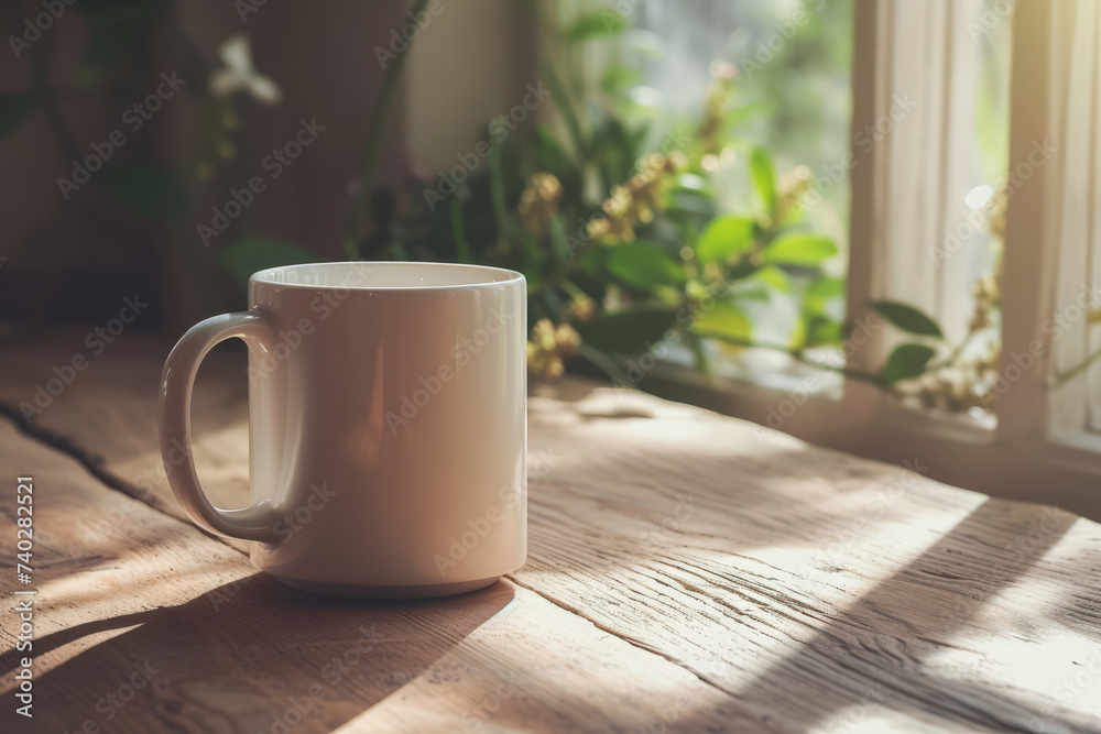 Blank white mug mockup with flowers on sunny light background. Generative AI Blank white mug mockup with flowers on sunny light background. Generative AI
