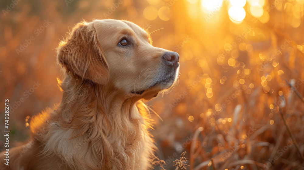 golden retriever in a summer field, in the style of sun rays shining on it, light and amber