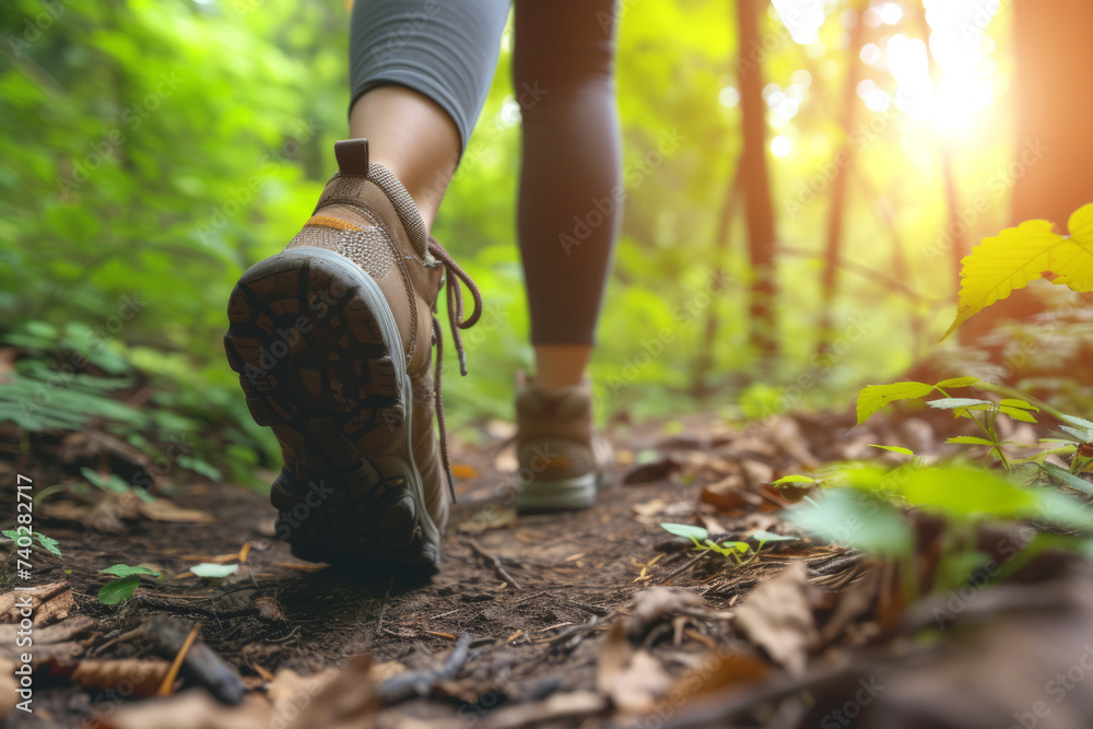 Close up of hiker feet walking outdoors in the forest. Generative AI Close up of hiker feet walking outdoors in the forest. Generative AI