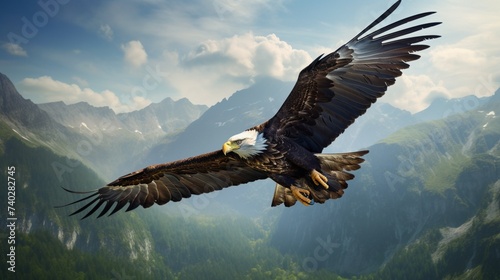 Witness the soaring grace of a majestic eagle against the backdrop of nature s grandeur.