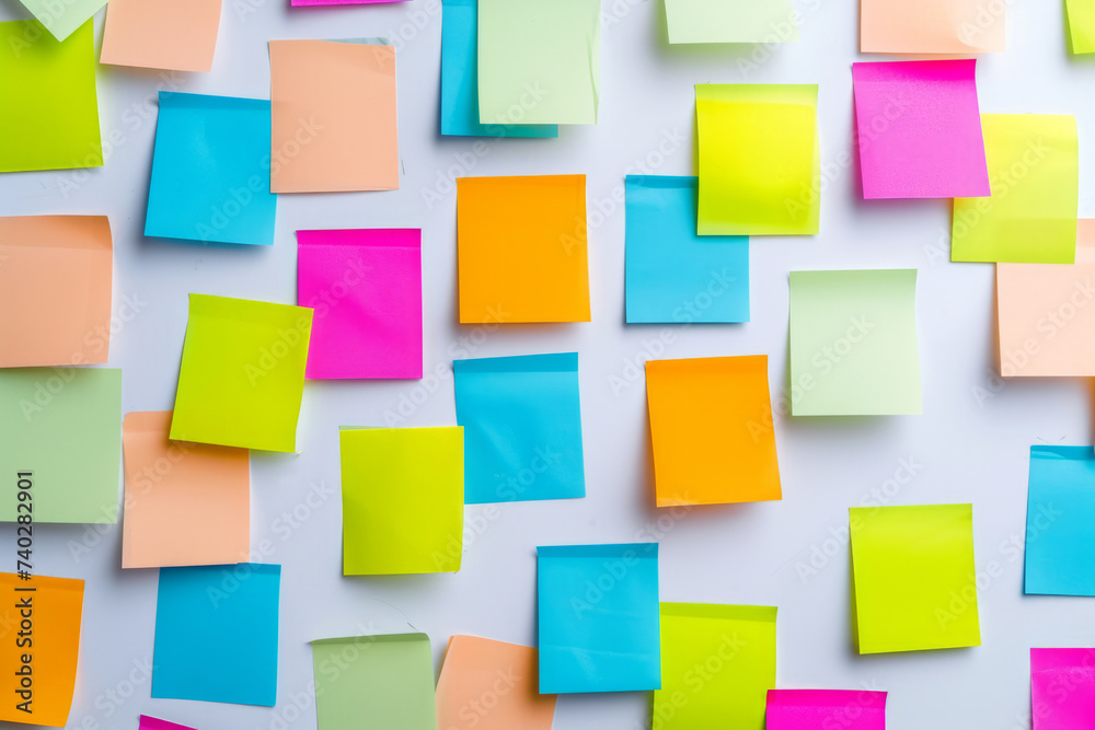 Many colorful sticky notes on a white wall. Generative AI Many colorful sticky notes on a white wall. Generative AI