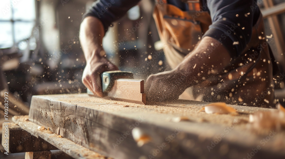 Handmade and craft furniture concept. Carpenter engaged in processing wood at the sawmill. Handmade and craft furniture concept. Carpenter engaged in processing wood at the sawmill.