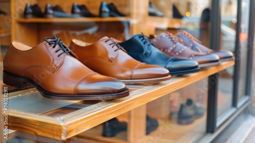 Men's leather shoes displayed in a shop window, representing diversity, high quality, elegance, and honest business relationships