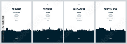 Travel vector set with city skylines Prague, Vienna, Budapest, Bratislava, detailed city skylines minimalistic graphic artwork photo