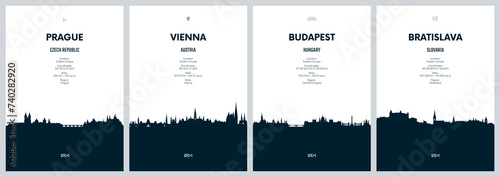 Travel vector set with city skylines Prague, Vienna, Budapest, Bratislava, detailed city skylines minimalistic graphic artwork