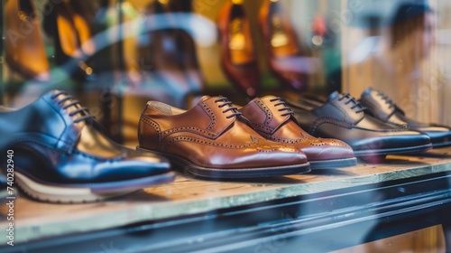 Men's leather shoes displayed in a shop window, representing diversity, high quality, elegance, and honest business relationships photo