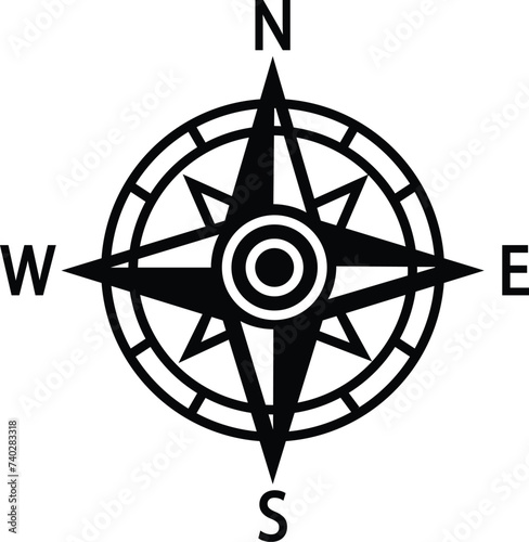 Compass icon. Monochrome navigational compass with cardinal directions of North, East, South, West. Geographical position, cartography and navigation. Wind rose flat or line vector.