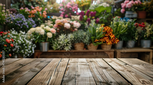 Empty wooden table top with blur background of flowers store. Generated with AI © Elena