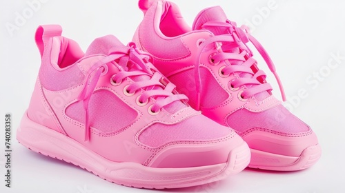 A pair of pink sports shoes set against a white background