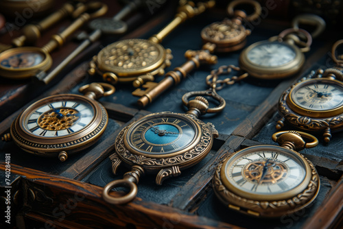 A collection of antique keys and pocket watches arranged on a dark surface, leaving an intriguing space for text. Concept of time and mystery. Generative Ai.