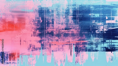 Vibrant Fusion of Blue and Pink Hues in Abstract Painting with Distorted Glitch Effect