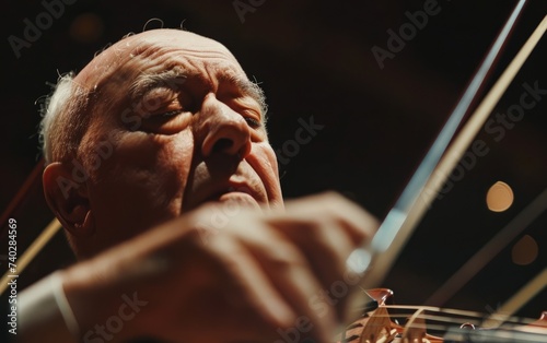 Close-up of an elder violinist in action, warm lighting, focused expression. photo