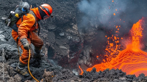 A volcanologist in protective gear carefully collects lava samples near the eruption of an active volcano. photo