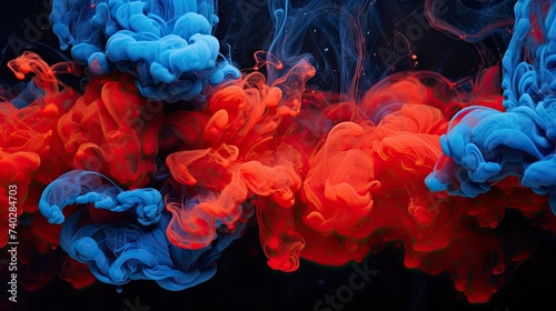 Vibrant Red and Blue Smoke Mixing in Abstract Ink Blot on Black Background photo