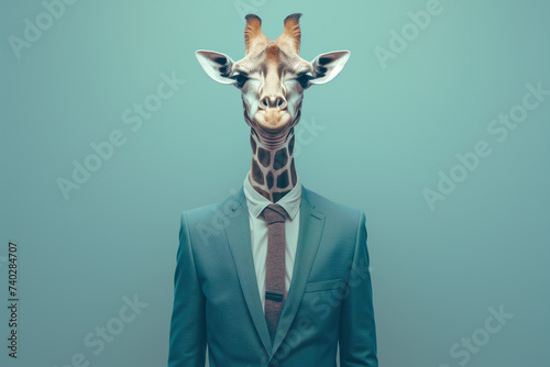 Portrait of a giraffe dressed in an elegant suit on a green background