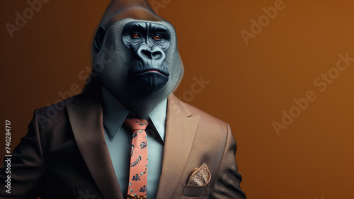 Portrait of a gorilla dressed in an elegant suit on a dark orange background