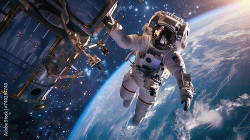 An astronaut performs a spacewalk outside the International Space Station, with Earth's horizon in the background, representing human space exploration.