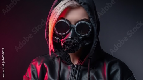 close up of female cyberpunk girl wearing hoodie with goggles and protective gas mask.