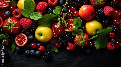 Vibrant Assortment of Fresh Fruits, Vegetables, and Berries on a Stylish Black Background © StockKing