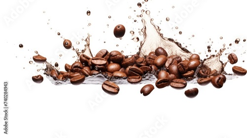Coffee Beans Cascading into Clear Glass of Water, Creating Ripples and Splashes