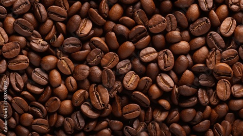 Aromatic Java Beans Overhead View, Scattered Fresh Arabica Roasted Organic Coffee Background