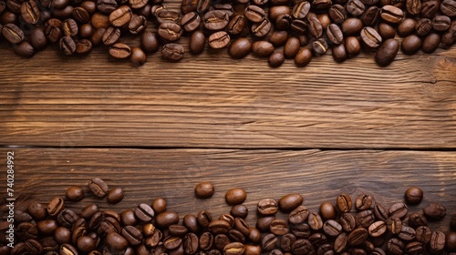 Aromatic Coffee Beans Scattered on Weathered Wooden Surface in Rustic Setting © StockKing