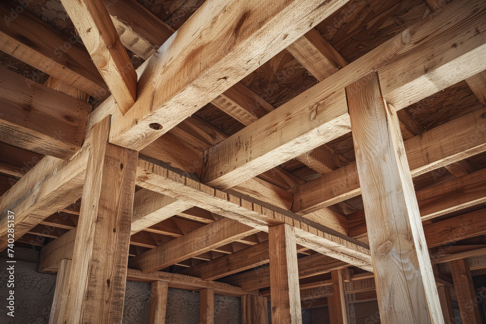 View of wood framing beams that are being used in construction new house that is under construction Generative AI