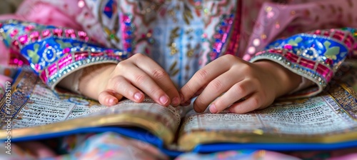 Close up of person s hands reading from the haggadah with focus and devotion, copy space available © Andrei