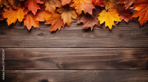Vibrant Autumn Leaves Adorn Rustic Wooden Background with Ample Copy Space for Seasonal Messaging