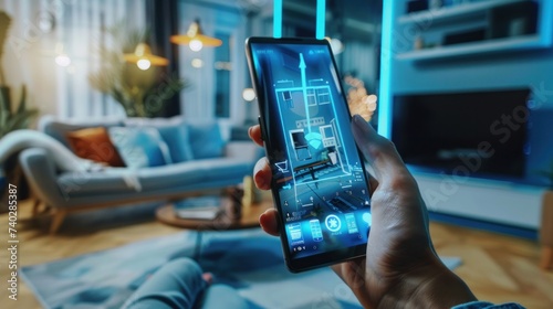 A smartphone app screen displays a smart home technology interface, featuring an augmented reality (AR) view of internet of things (IoT) connected objects within the apartment interior photo