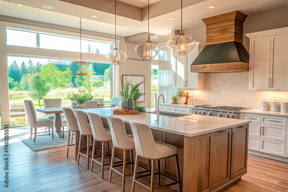 Elegant Modern Kitchen with Natural Light. Bright kitchen interior with marble island, wooden accents, pendant lights, and a scenic view.