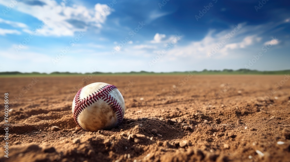 Baseball Resting on Dusty Home Plate Under Clear Blue Sky on Baseball Field
