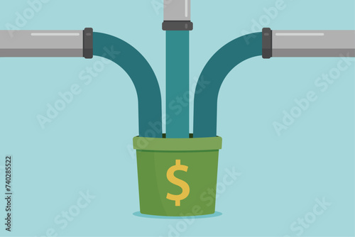Multiple streams on income concept illustration. Financial wealth building, with multiple sources of revenue, filling bucket.