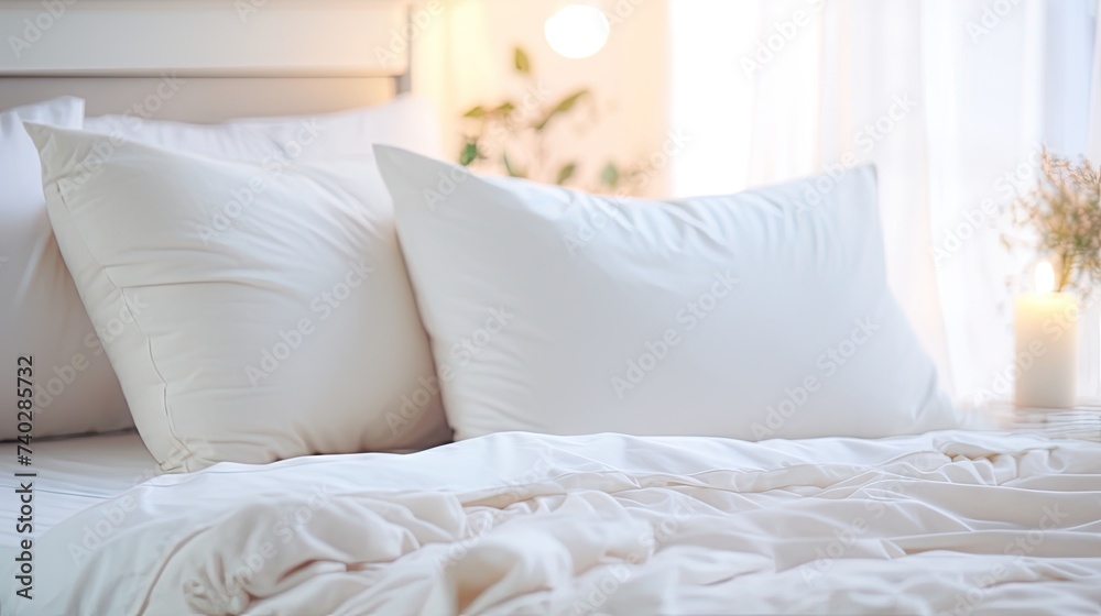 Serene White Bed with Soft Pillows on Fresh Sheets in a Bright Minimalist Bedroom Setting
