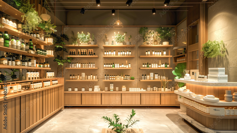 Interior of a luxurious organic cosmetics store with greenery
