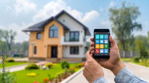 A smart house featuring home automation devices with accompanying app icons. A man is shown using his smartphone with a smart home security app to unlock his house door