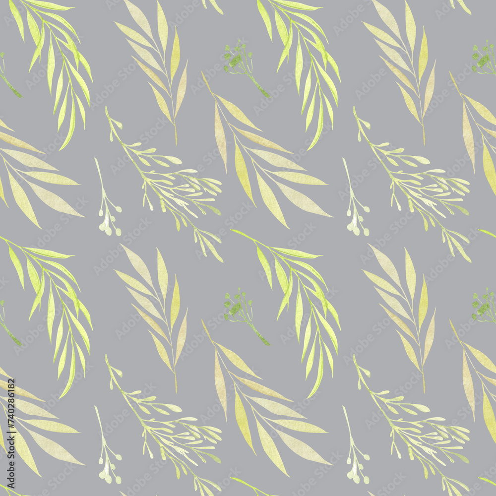 Watercolor seamless pattern with light twigs with leaves. Delicate greens on a white background. Herbs, arsthenia, botanical print. Design and design of textiles and packaging.