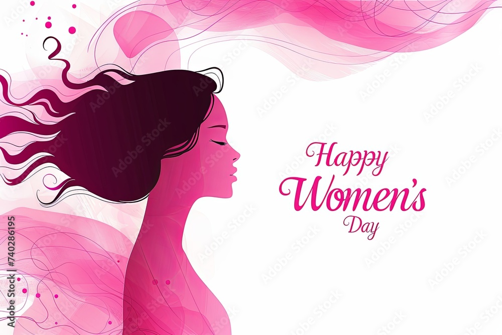 Happy Women's Day with silhouette of face with words Happy Women's Day, in the style of dark pink and white, minimalist backgrounds, wavy resin sheets, high detailed, cut-out silhouettes.