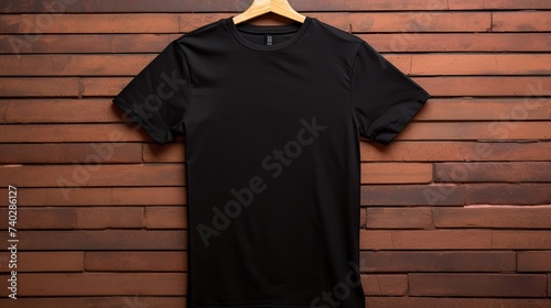 Minimalist Black Shirt Hanging on Rustic Wooden Wall with Natural Light Fall Shadow