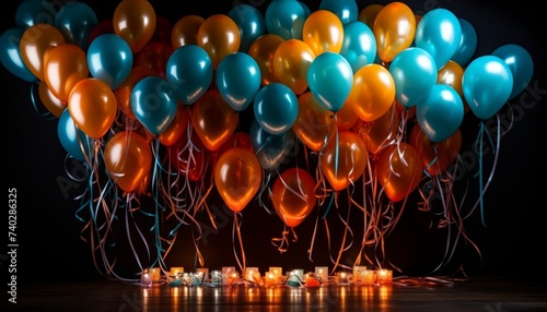 Colorful balloons, ribbons, and confetti for 10th and 20th birthday celebration on solid background photo