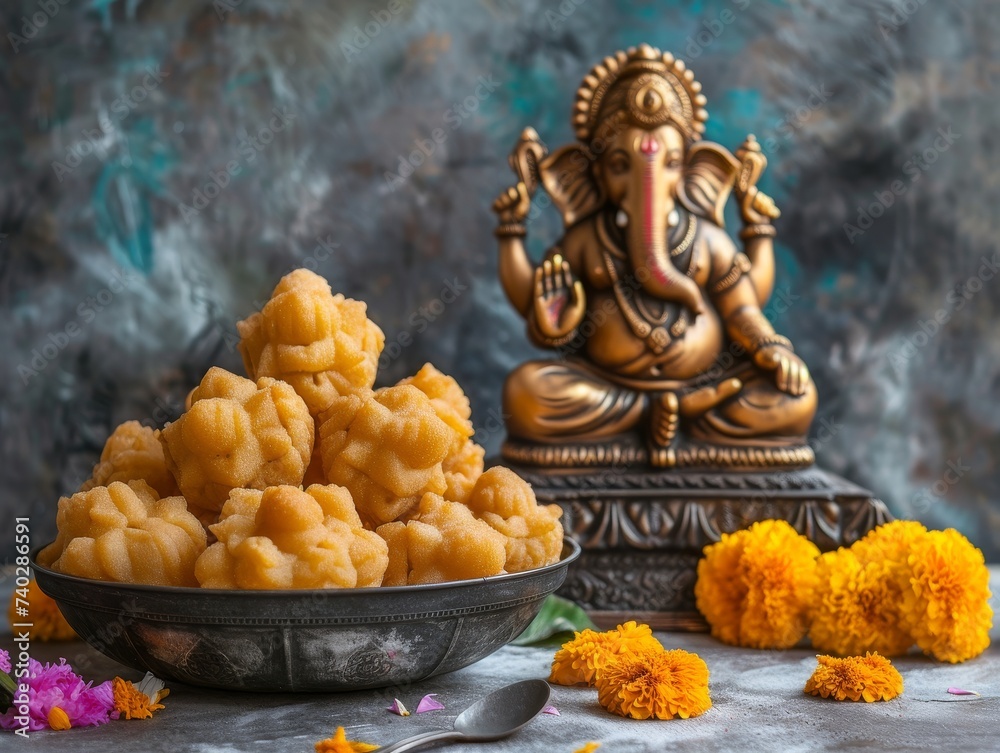 Ganesh statue with traditional Indian sweets and marigold flowers. Cultural and religion. Gudi Padwa. For festival, banner