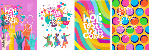 Happy Holi. Festival of Colors. Vector illustration of bright colorful paint cans, splashes, hands, dancing Indian people, pattern for poster, greeting card, flyer, invitation or background