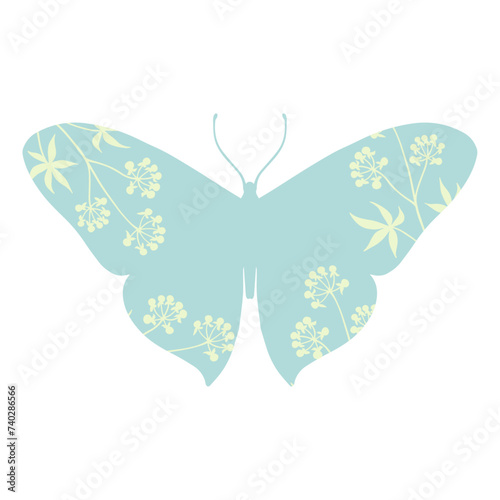 Colorful winged insect butterfly with wild herbs, meadow plants. Vector graphics.