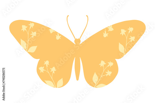 Colorful winged insect butterfly with wild herbs, meadow plants. Vector graphics.