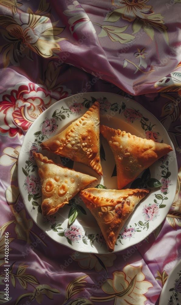 Savory pastry triangles on a floral plate. Food photography. Recipe, blog, desing.